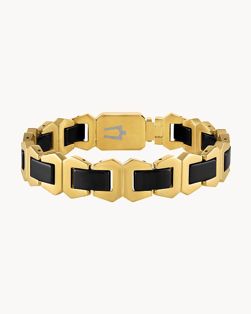 A traditional but contemporary Bulova bracelet in gold toned steel